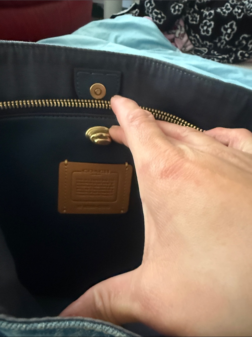 Coach Denim Shoulder Bag with Gold Hardware and Dark Brown Strap - Picture 2 of 6